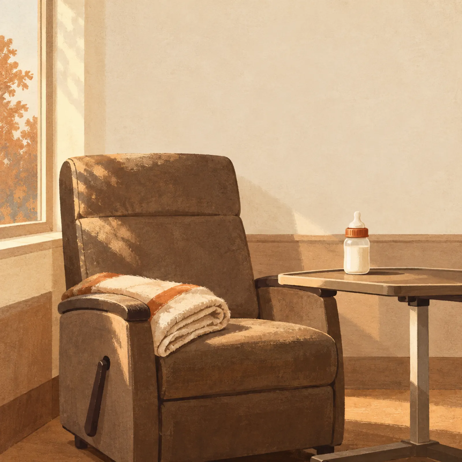 An empty reclining chair with a folded blanket and a baby bottle on the side table.